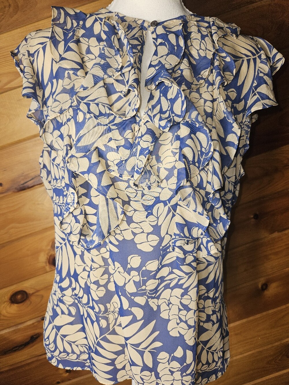 Chaps Blue & Tan Cap Sleeve Sheer Top w/ Tank Ruffled Women’s Size Large